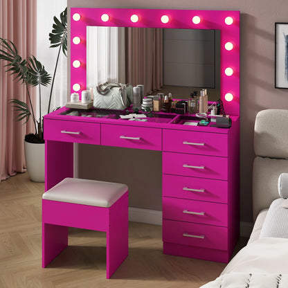 Ktaxon Large Makeup Vanity, Vanity Table Set w/ Visible Glass Top w/ Charging Station, White