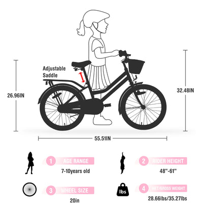 20" Kids Bike Girls Bike with Basket Single Speed Steel Frame Children Bicycle for 7-10 Years, Pink