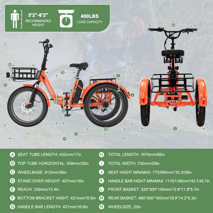 ABORON 3.0 Fat Tire Electric Trike for Senior Foldable E-Bike, 500W Motorized Tricycle Adult 20" Folding 3 Wheel Electric Commute Bike Trike w/48V Battery and Storage Baskets,