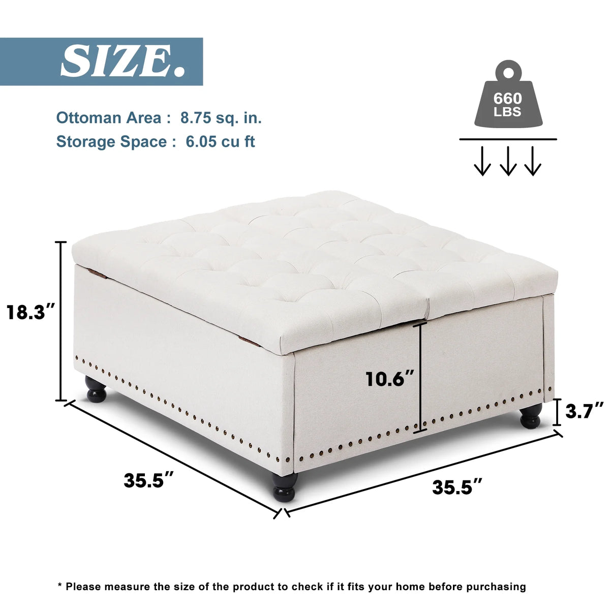 Magic Union 35" Large Square Storage Ottoman, Oversized Square Ottoman with Storage, Tufted Upholstered Ottoman Coffee Table with Lift Top for Living Room (Beige)