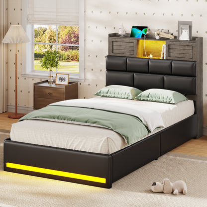 Twin Bed Frame with Bookcase Headboard and Storage, Barn Doors Twin Size Upholstered Beds with 4 Under Bed Storage Drawers & Charging Station & LED Lights, Grey
