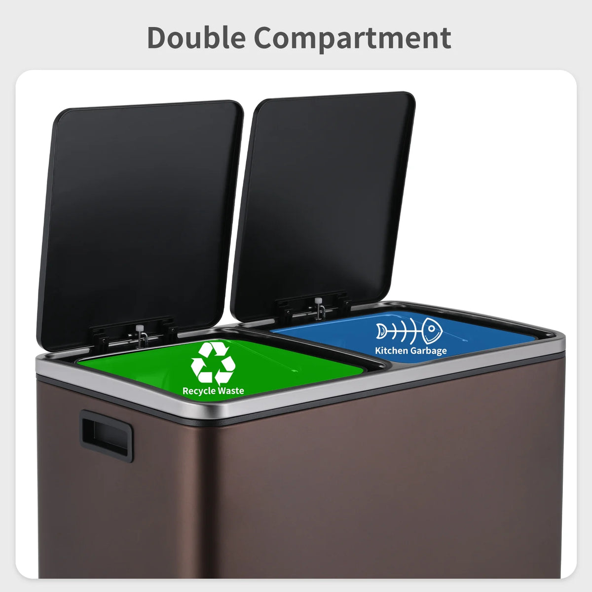 LAZY BUDDY Dual Garbage Can, Stainless Steel 16 Gallon Step Kitchen Trash Can with Soft-Close Lid, Double Compartment Garbage Recycling Bin