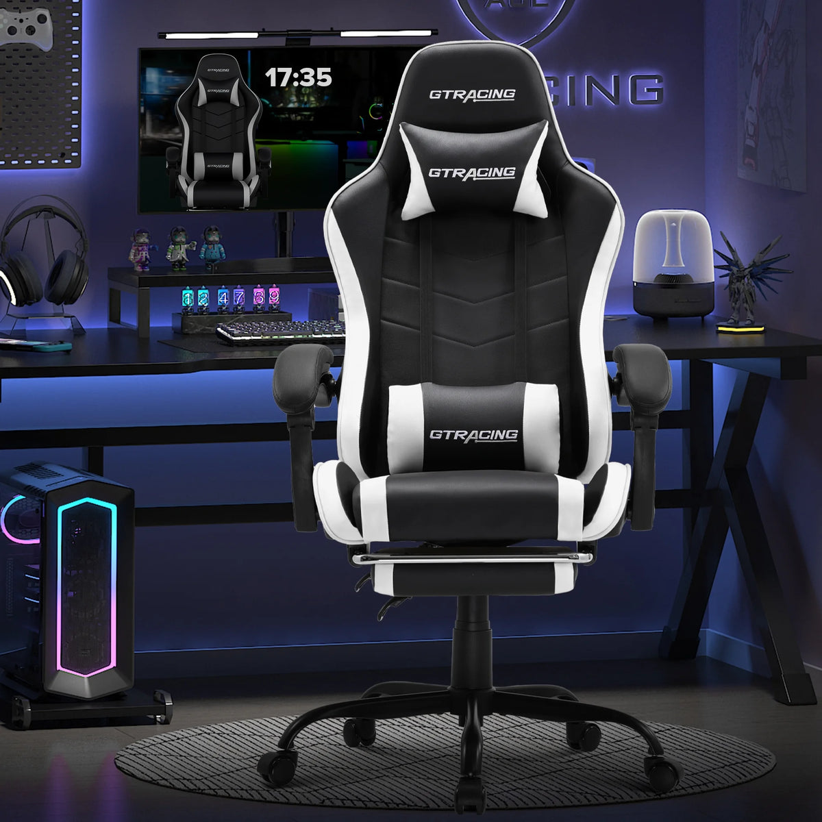 GTRACING GTWD-200 Ergonomic Gaming Chair with Adjustable Pillows and Footrest , White