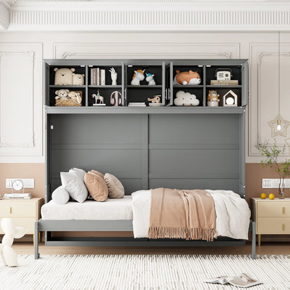 Newest Queen Size Murphy Bed Wall Bed with Top Cabinets,Gray