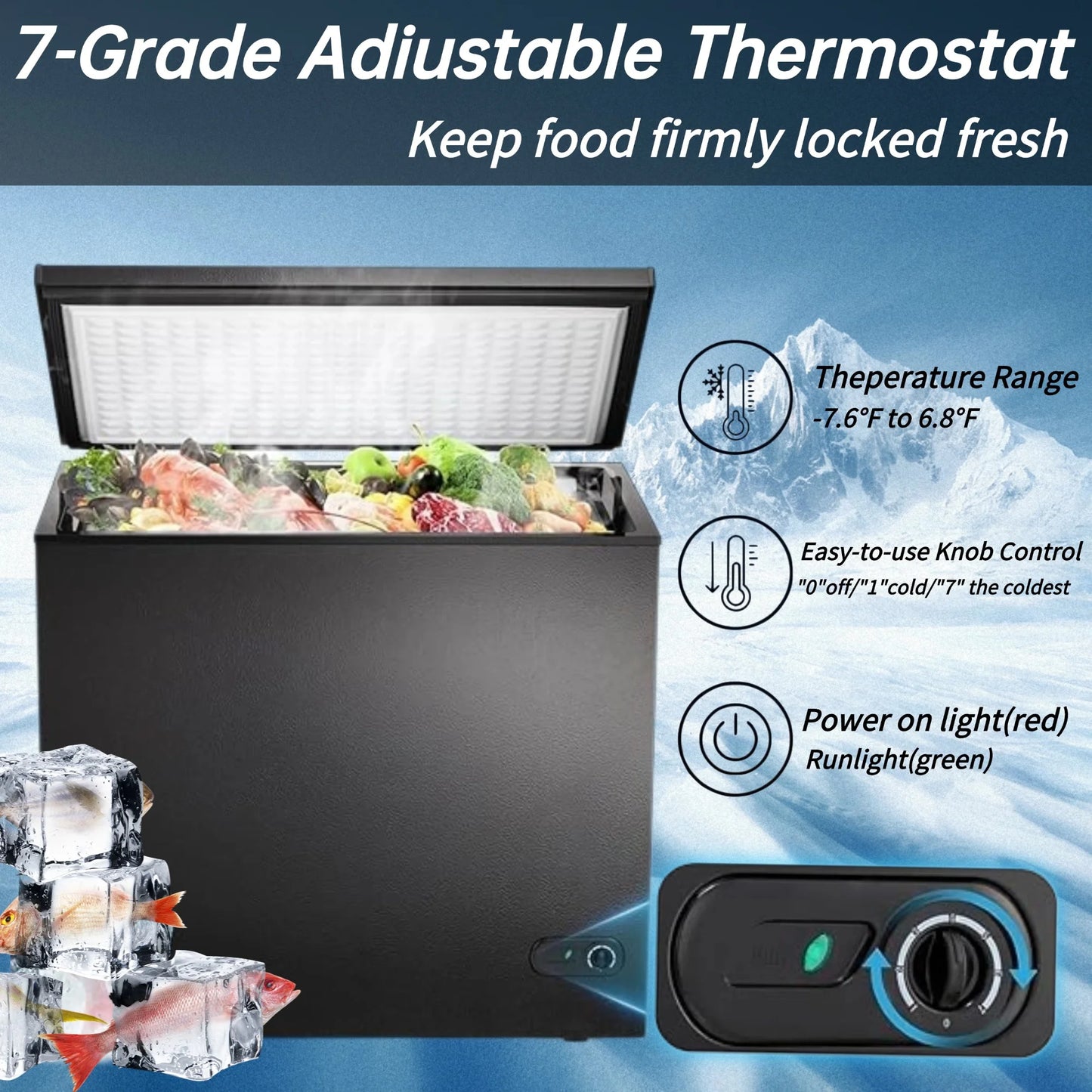 LHRIVER 7.0 cu. ft. Chest Deep Freezer with Adjustable Temperature, Free Standing Top Open Door Compact Freezer with 3 Removable Basket for Kitchen, Home, Bar, Garage, Office