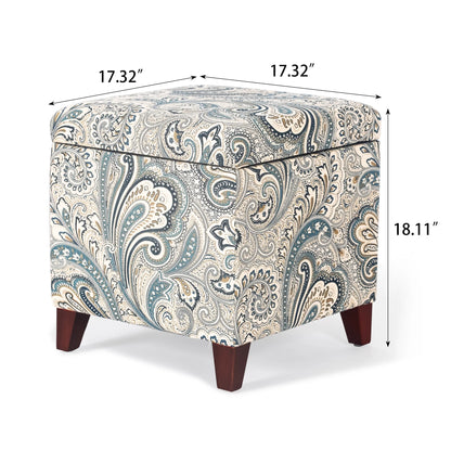 Homebeez Printed Linen Cube Storage Ottoman with Solid Wood Legs, Cube Footstool, Storage Cabinet, 18" H Weight Capacity 300LB Blue
