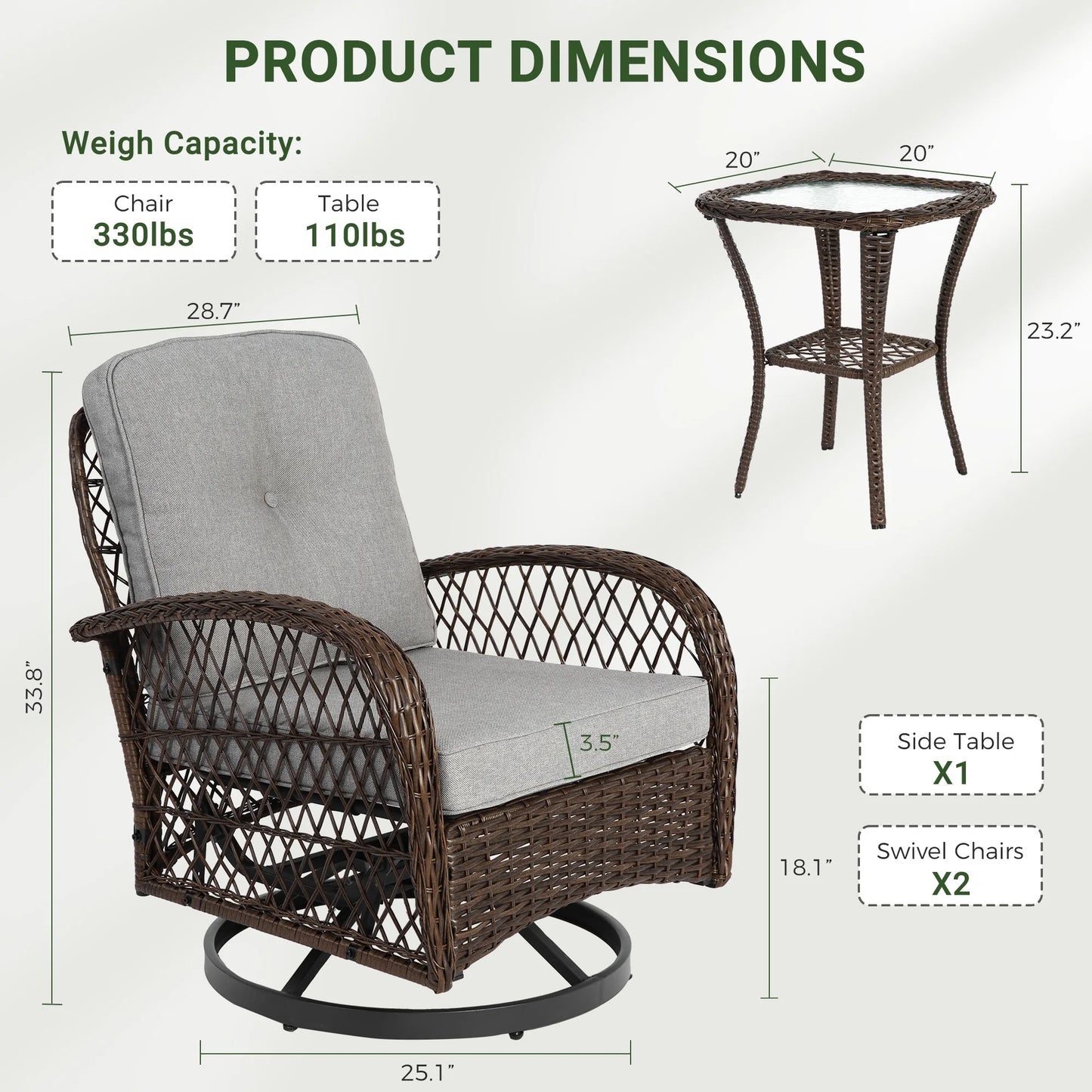3 Piece Patio Swivel Rocker Chairs Set, 2 360-Degree Swivel Rocking Chairs with 1 Glass Top Table, PE Rattan Outdoor Bistro Set with Cushions for Balcony Deck Poolside Backyard Porch