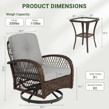 3 Piece Patio Swivel Rocker Chairs Set, 2 360-Degree Swivel Rocking Chairs with 1 Glass Top Table, PE Rattan Outdoor Bistro Set with Cushions for Balcony Deck Poolside Backyard Porch