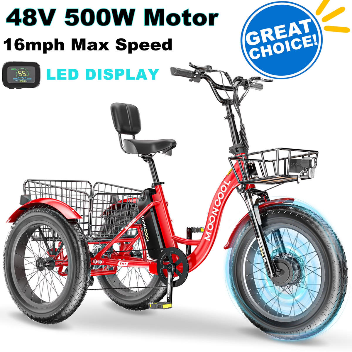 20" x 4" Fat Tire Electric Tricycle for Adult, 7 Speeds Electric Trike 48V 500W Motorized Tricycle , Electric Three Wheels Bicycle for Senior, Aluminum Frame & Rear Basket ,16mph