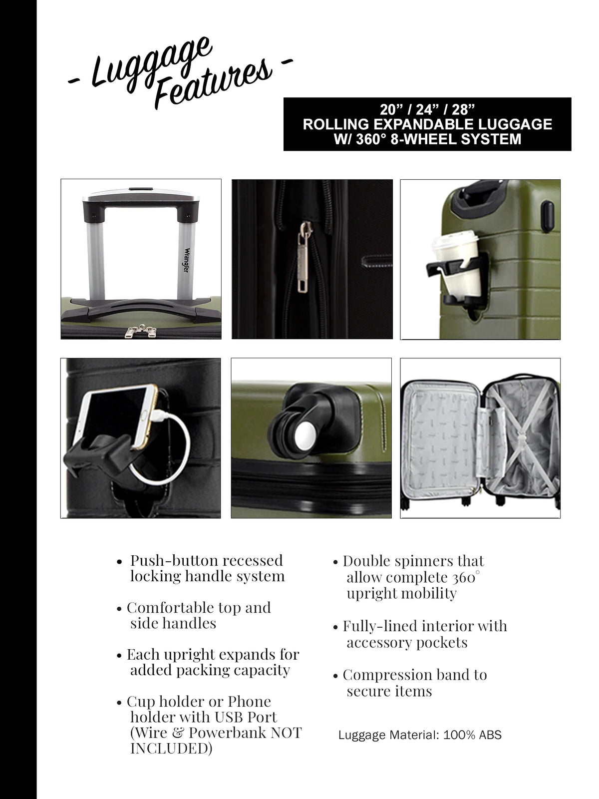 Wrangler 3 Piece Luggage Set with Cup Holder and USB Port, Olive Green