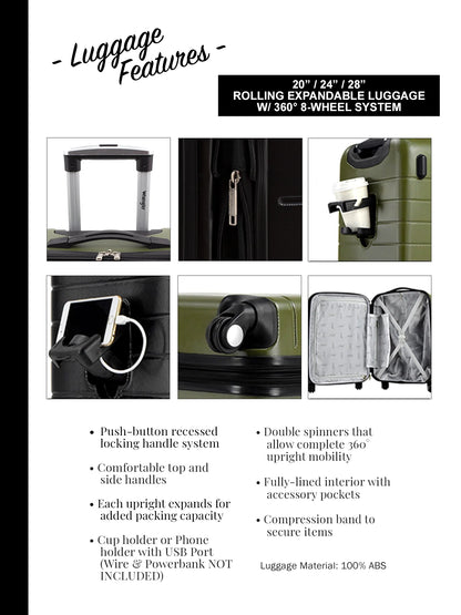 Wrangler 3 Piece Luggage Set with Cup Holder and USB Port, Olive Green