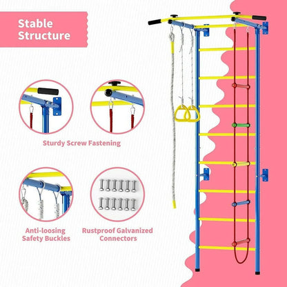 Cuoote 5 in-1 Metal Wall Ladder Stall Bars Set, Indoor Kids Gym for Exercise, Ladder Wall Set with Wall Ladder, Pull-up Bar, Climbing Rope, Gymnastic Rings, Kids Climbing Toys for Boys Girls