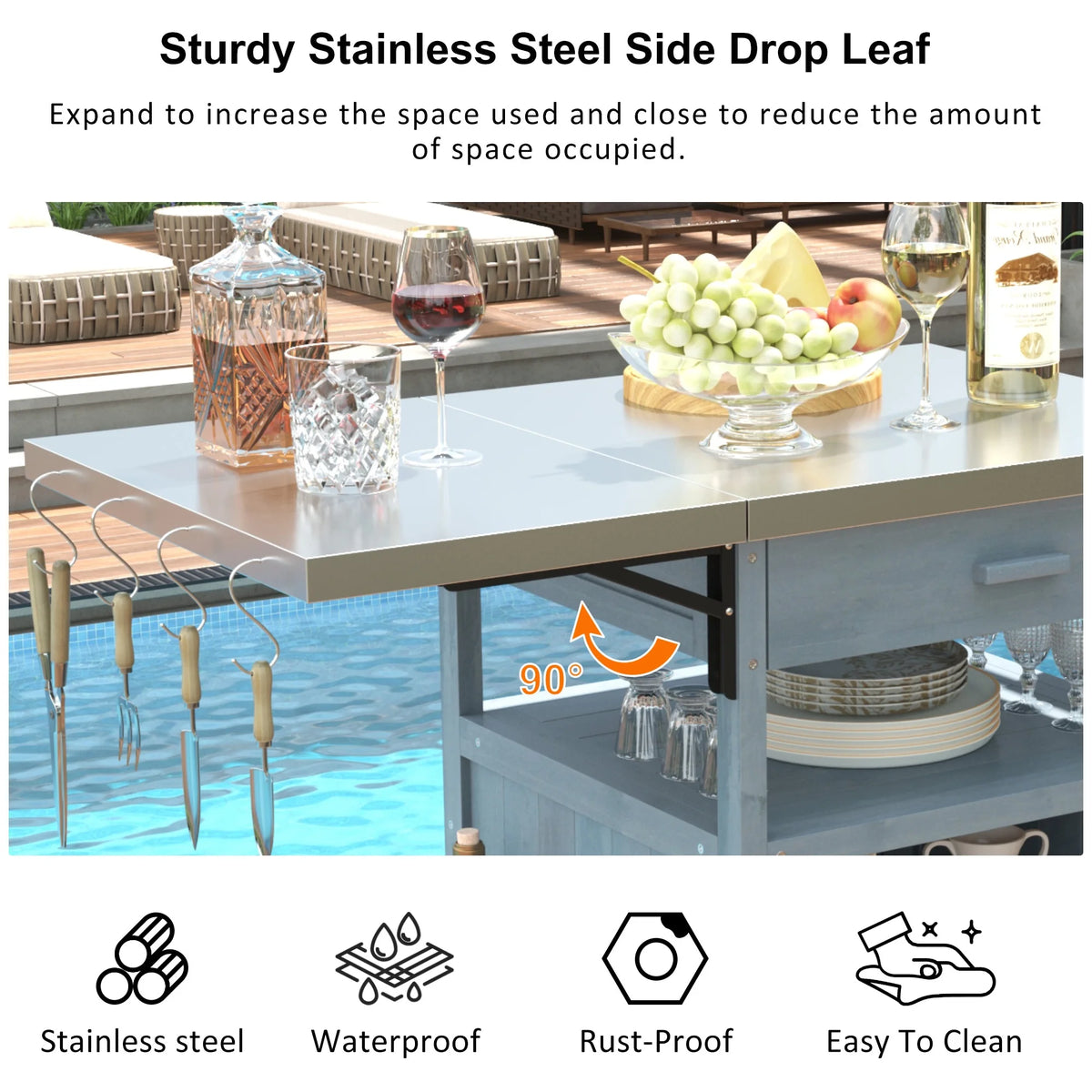 Bellemave Outdoor Serving Cart Kitchen Island Solid Wood Mobile Rolling Bar Cart with Lockable Wheels, Rack and Stainless Steel Top Beverage Storage Counter Table with Cabinet for Patio, Natural