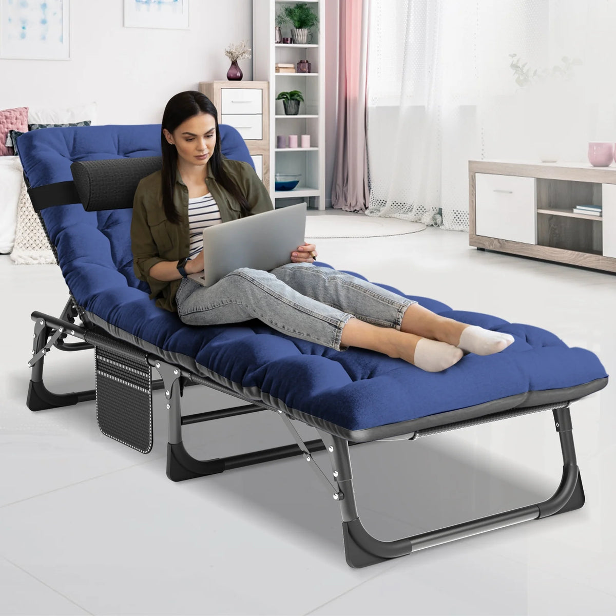MOPHOTO Lounge Chair with Mattress, Outdoor Chaise Lounge Support 440 Lbs, Adjustable Portable Heavy Duty Sleeping Cots Bed for Camping, Pool, Beach, Patio