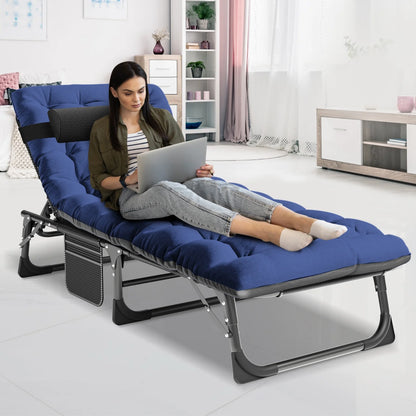 MOPHOTO Lounge Chair with Mattress, Outdoor Chaise Lounge Support 440 Lbs, Adjustable Portable Heavy Duty Sleeping Cots Bed for Camping, Pool, Beach, Patio