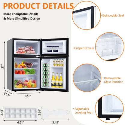 3.2 Cu. Ft Mini Fridge with Freezer, Small Refrigerators Double Door Stainless Steel, 5 Adjustable Thermostat Settings, Compact Internal Freezer with Crisper Drawer for Apartment Dorm, Silver