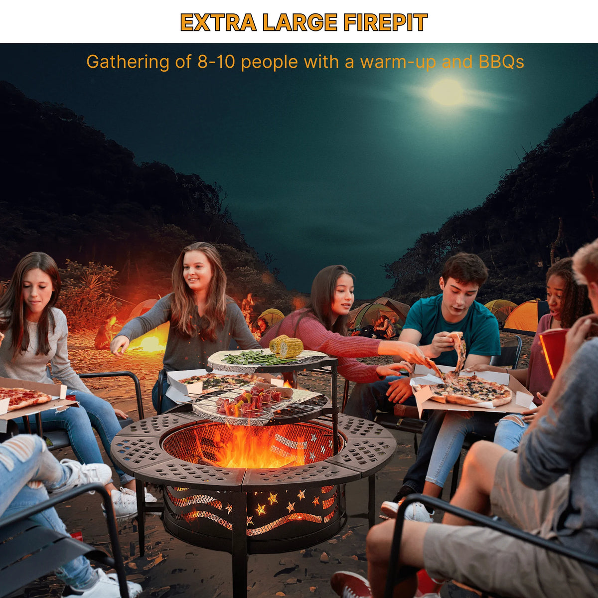 TrumanPick Fire Pit for Outside 42" Wood Burning Fire Pit Tables with 2 Adjustable Swivel BBQ Grills, Lid, Poker for Patio Backyard BBQ Ice Storage
