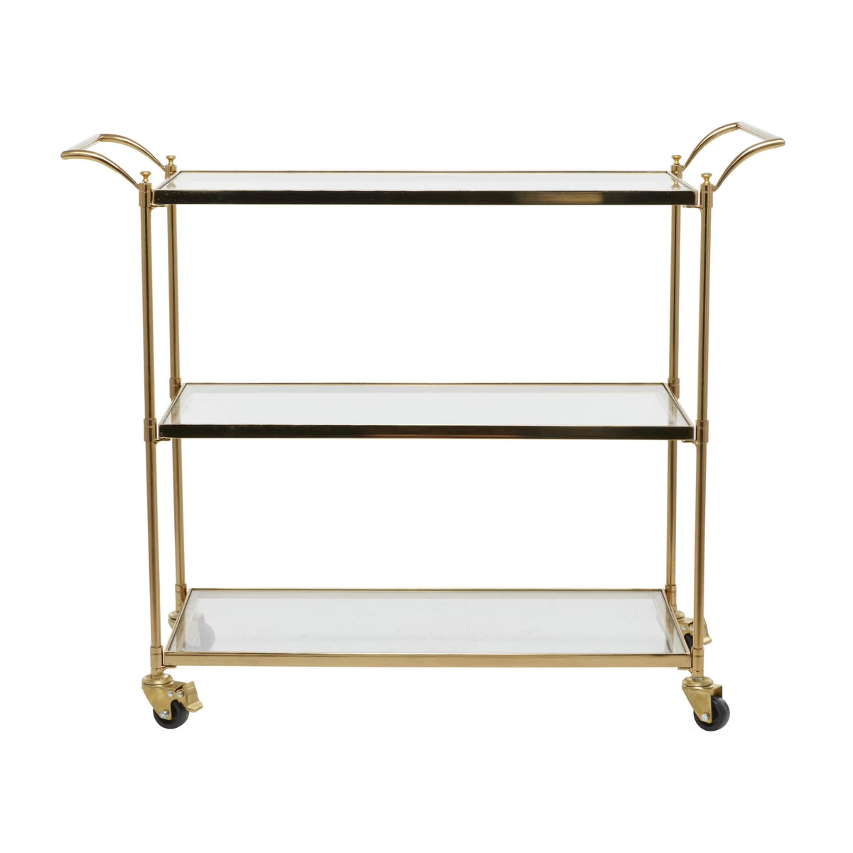 DecMode Traditional 3 Tier Gold Metal Bar Cart with Transparent Glass Shelves, 38"W x 31"H