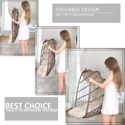 Nicesoul Foldable PE Wicker Brown Hanging Egg Chair With Stand Swing Chair With Cushion and Pillow Capacity 350lbs