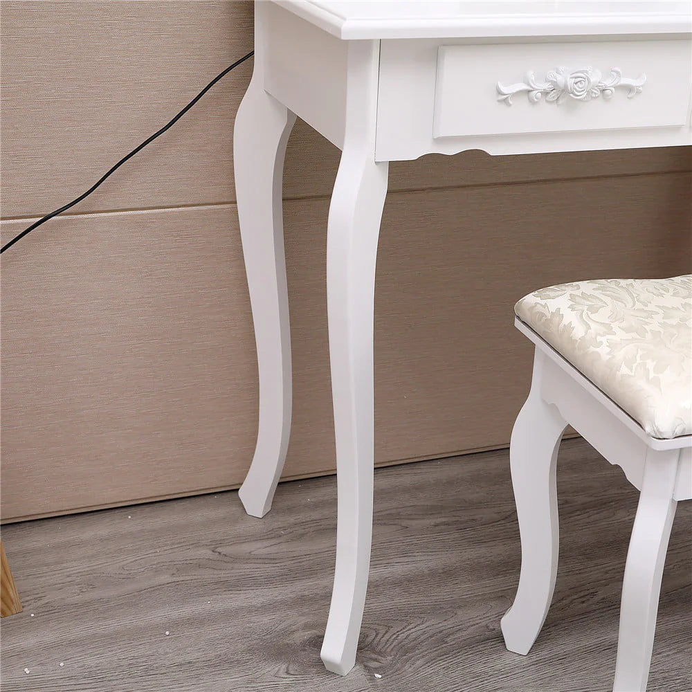 Ktaxon Elegance White Dressing Table Vanity Table and Stool Set Wood Makeup Desk with 4 Drawers & Lighted LED Touch Screen Mirror