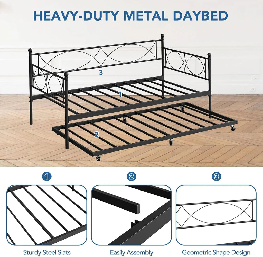 Senfot Twin Daybed with Trundle, Pull Out Trundle Day Bed, Twin Mattress Foundation with Metal Slats, Modern Sofa Bed for Living Room, Bedroom, and Guest Room, Black