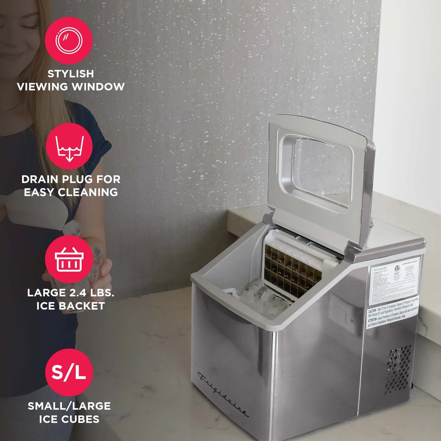 Frigidaire 40lbs. Countertop Clear Square Ice Maker - Stainless Steel