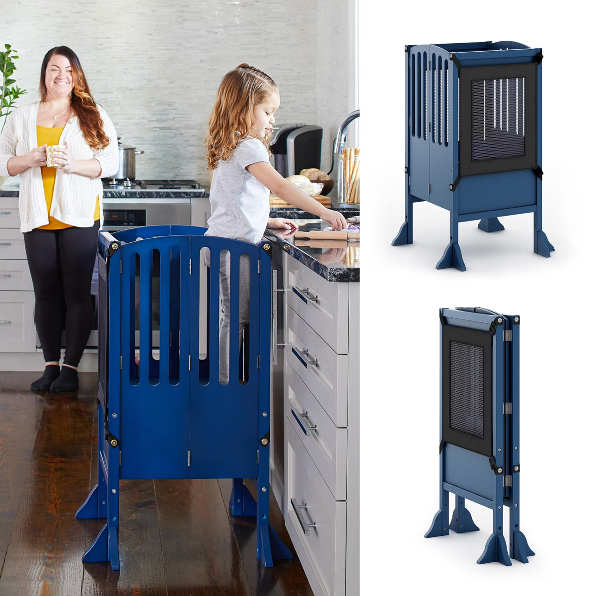 Guidecraft Contemporary Kitchen Helper Step Stool - White: Adjustable, Folding Montessori Toddler Tower - Safety Learning Furniture