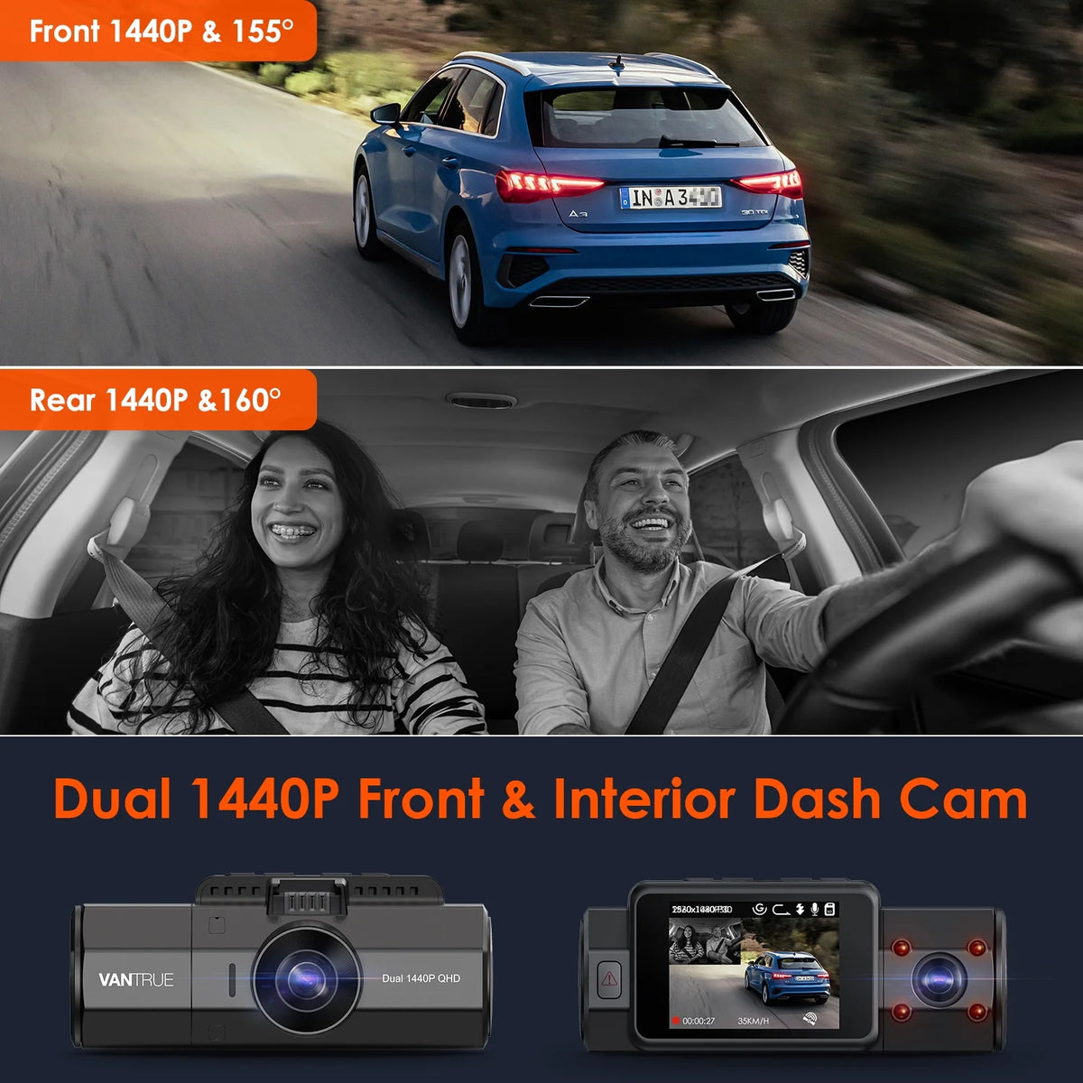 Vantrue Front and Interior (Cabin)1440P+1440P 30FPS Dual Dash Cam for Uber, Single Car Camera Mode up to 4K (2160P) with GPS Mount, WDR, G-sensor, 24/7 Parking Mode, Loop Recording, G-sensor (N2S W��