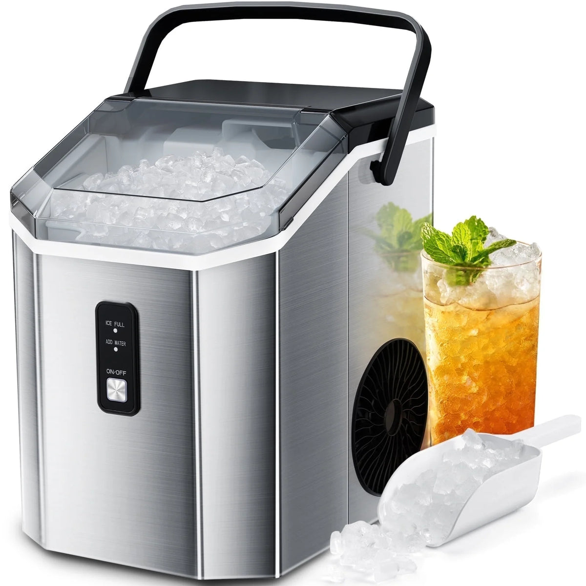 Auseo SS Nugget Countertop Ice Maker with Soft Chewable Ice, 35Lbs/24H, Self-Cleaning, Ice Scoop, Stainless Steel Silver, for Kitchen/Office/Party