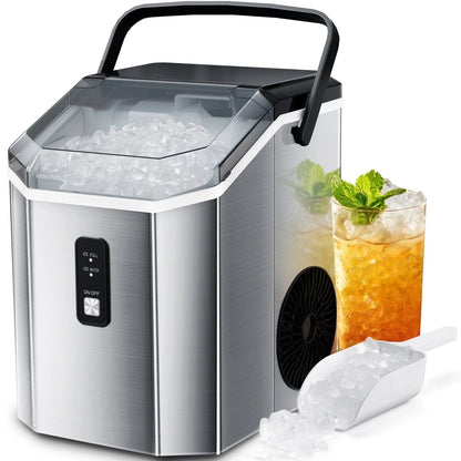 Auseo SS Nugget Countertop Ice Maker with Soft Chewable Ice, 35Lbs/24H, Self-Cleaning, Ice Scoop, Stainless Steel Silver, for Kitchen/Office/Party