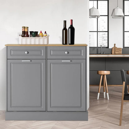 Eclife 20 Gallons Double Tilt Out Trash Cabinet Wood Tabletop, Upgrade Gray, WB010GY