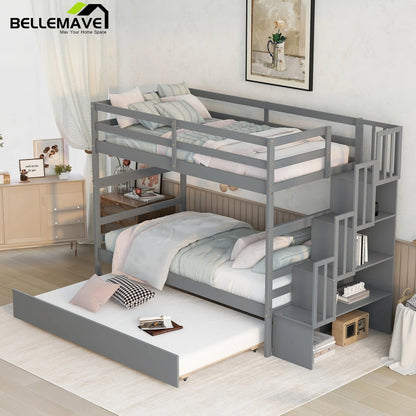 Bellemave Twin over Twin Stairway Bunk Bed with Trundle Wooden Bunk Bed Frame with Guardrails and Staircase, Twin Size Bunk Bed with Storage Stairs for Kids, Teens, Gray