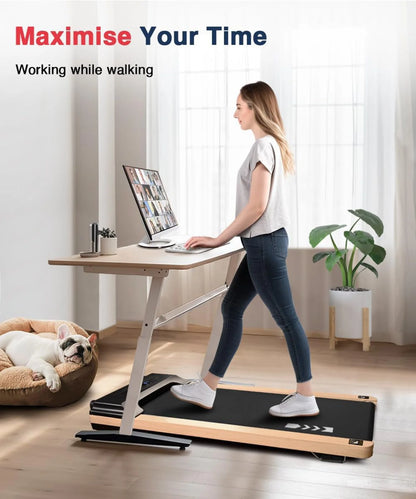 Ecotronic Indoor Electric Walking Pad with Natural Wood Finish, 2.25HP Motor, LED Display, Remote Control, and Incline