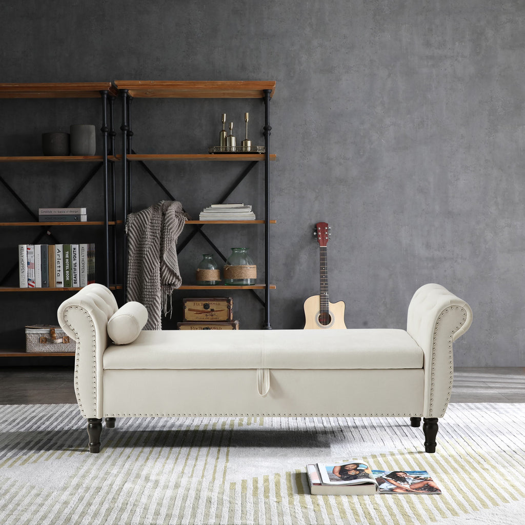 Sumdeal 43.5" Storage Ottoman Bench with 250lb Seating, Linen Upholstered Wood Legs Safety Hinge Flip Top Oval Foot Rest Long Stool for Sofa Couch Bedroom End of Bed Living Room Entryway, White