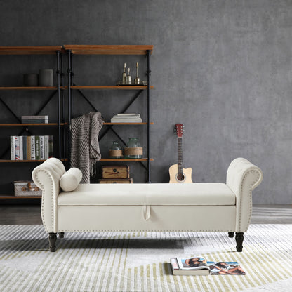 Sumdeal 43.5" Storage Ottoman Bench with 250lb Seating, Linen Upholstered Wood Legs Safety Hinge Flip Top Oval Foot Rest Long Stool for Sofa Couch Bedroom End of Bed Living Room Entryway, White