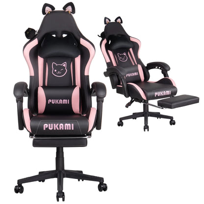 Waleaf Pink Gaming Chair with Cat Paw Lumbar Cushion and Cat Ears for Girls, Reclining Office Computer Chair with Footrest for Adults, Teens