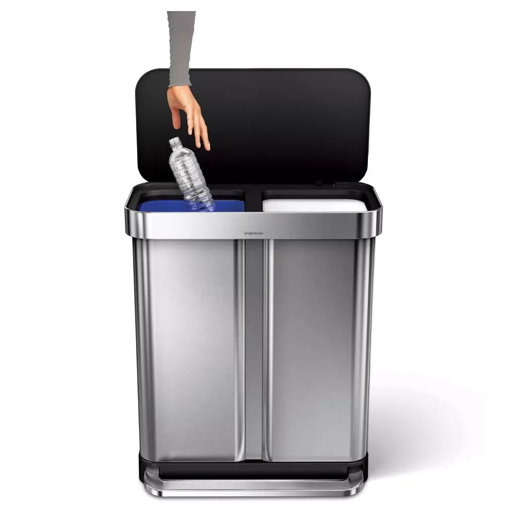 simplehuman 58 Liter / 15.3 Gallon Rectangular Dual Compartment Recycling Step, Brushed Stainless Steel with Soft-Close Plastic Lid Kitchen Trash Can