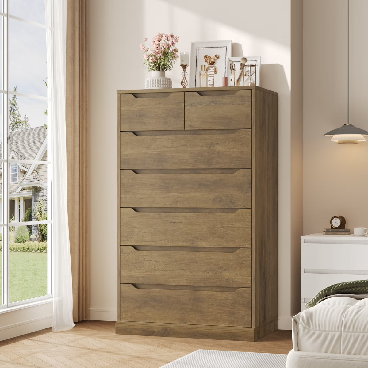 Homfa 7 Drawer White Dresser, 51.3"H Wood Storage Cabinet with Upgraded Stable Base, Vertical Chest for Bedroom Living Room