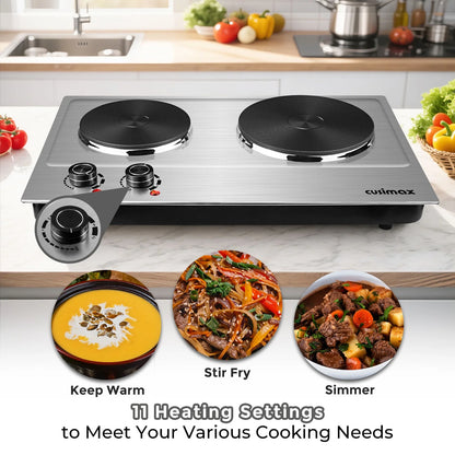 CUSIMAX 1800W Portable Double Burner Hot Plate �?Stainless Steel Countertop Electric Cooktop with Dual Cast Iron Heating Plates, Easy-to-Clean Silver Design, Upgraded Version