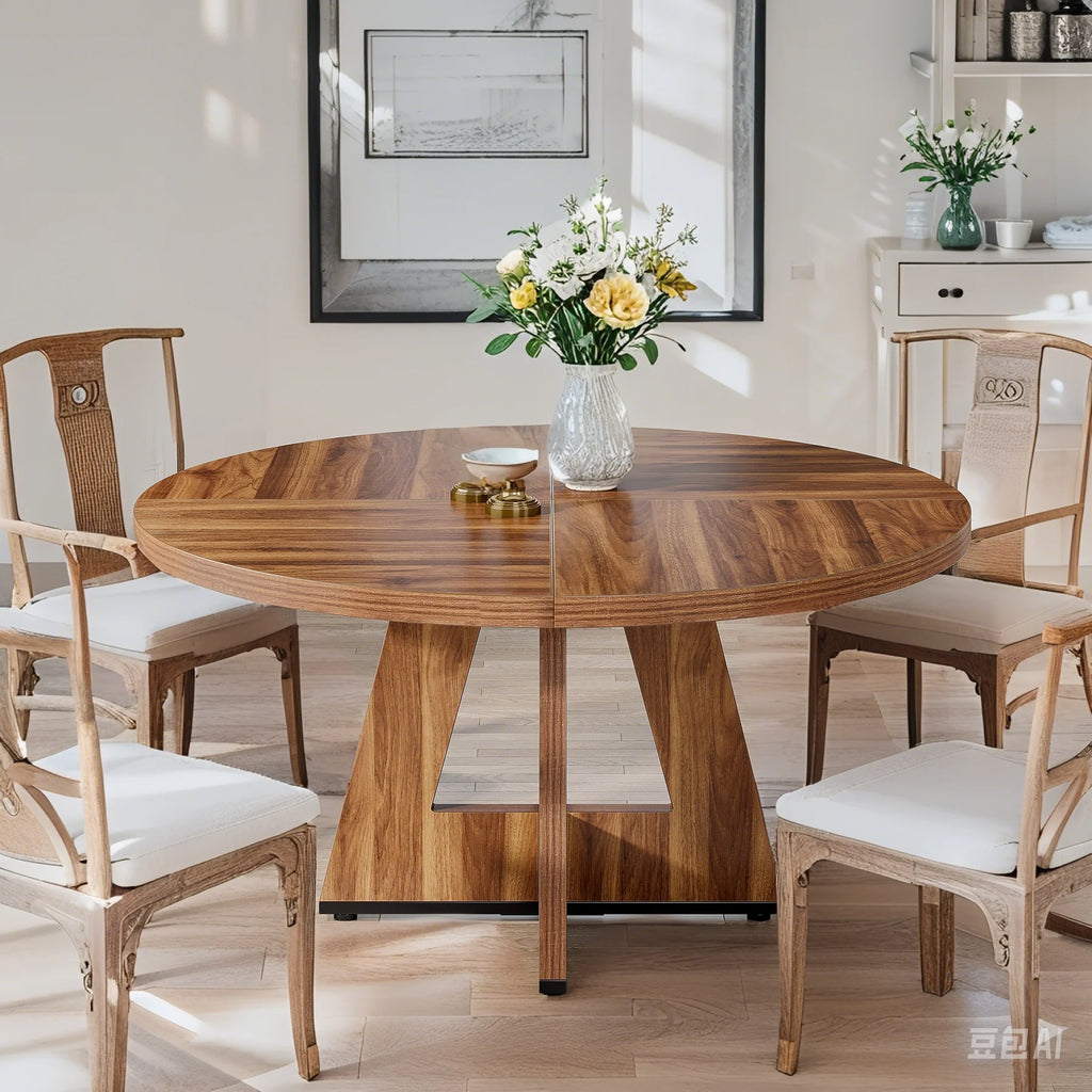 MAYEERTY Round Dining Table for 4, 47" Wood Kitchen Table Farmhouse Dinner Table