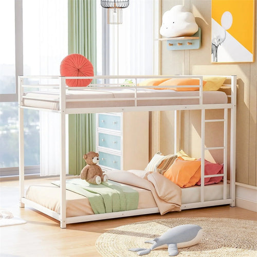 Twin Over Twin Metal Bunk Bed, Low Twin Bunk Bed With Safety Guardrail and Ladder,No Box Spring Needed,Steel Bunk Bed Platform Suitable for Girls Boys Teens, White