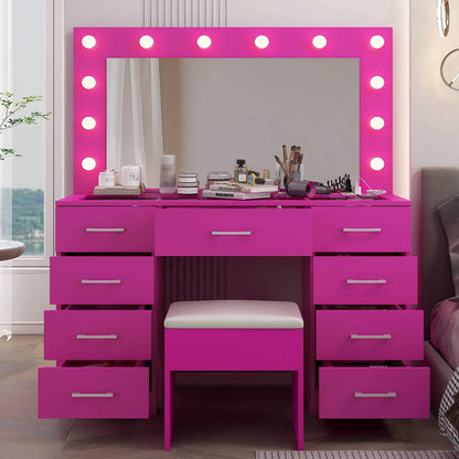 Ktaxon Large Makeup Vanity, Vanity Table Set w/ Visible Glass Top w/ Charging Station, White