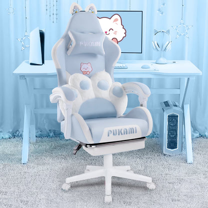 Waleaf Pink Gaming Chair with Cat Paw Lumbar Cushion and Cat Ears for Girls, Reclining Office Computer Chair with Footrest for Adults, Teens