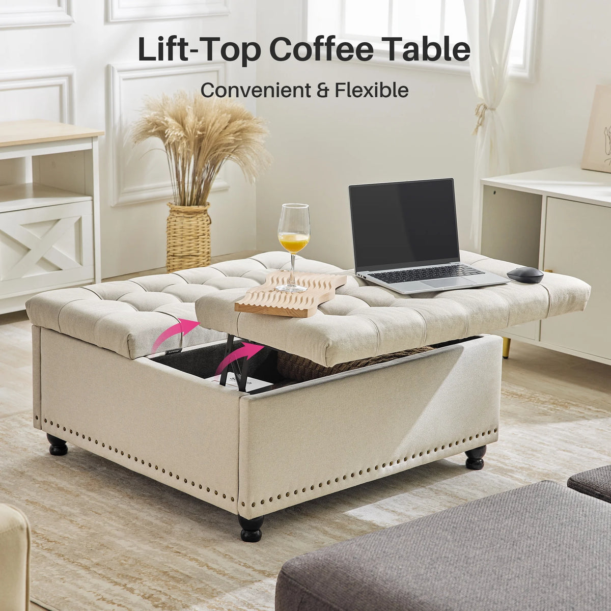 Redlife 35 Inch Large Square Storage Ottoman Bench, Storage Ottoman Coffee Table Large Square Ottoman with Storage Lift Top Tufted Storage Ottoman for Living Room (Brown Leathaire)