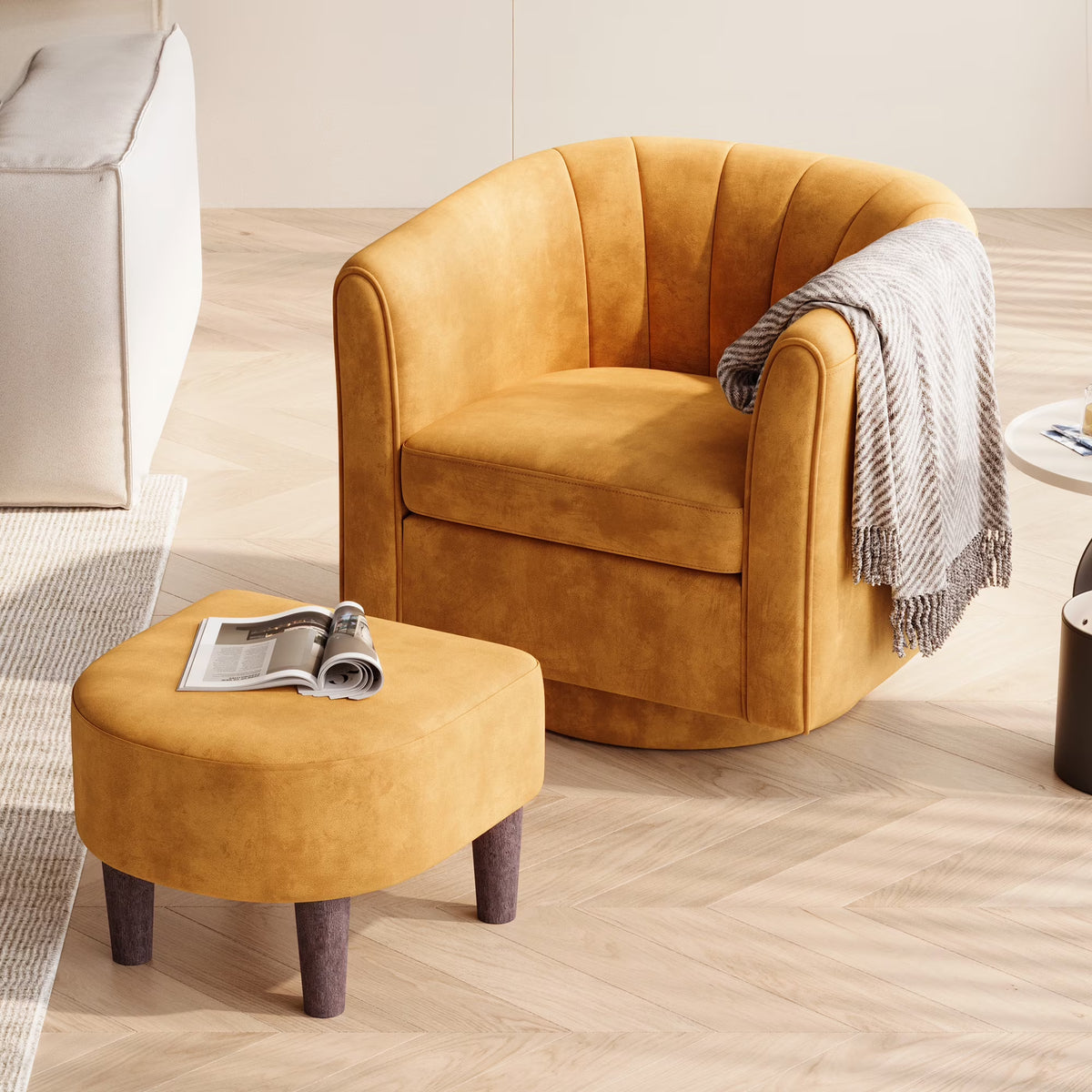 LINSY HOME Swivel Accent Chair with Ottoman, Velvet Barrel Chair for Living Room, Blue