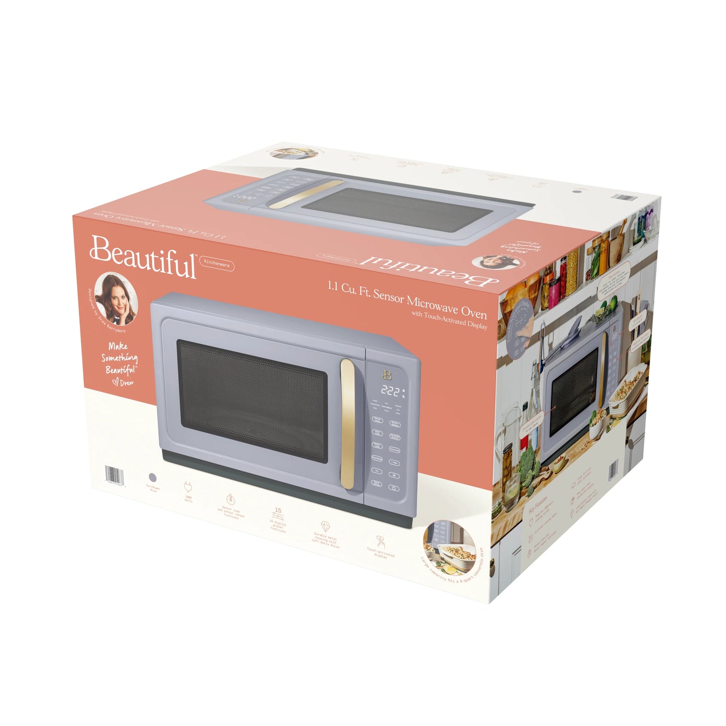 Beautiful 1.1 Cu ft 1000 Watt, Sensor Microwave Oven, White Icing by Drew Barrymore, New