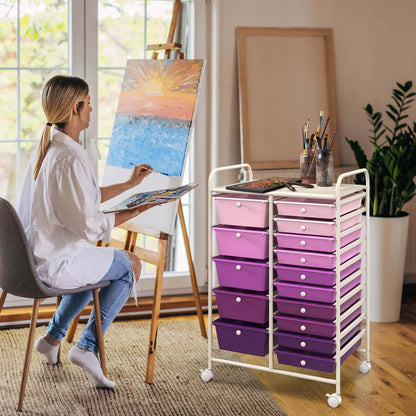 Costway 15 Drawer Rolling Storage Cart Tools Scrapbook Paper Office School Organizer White