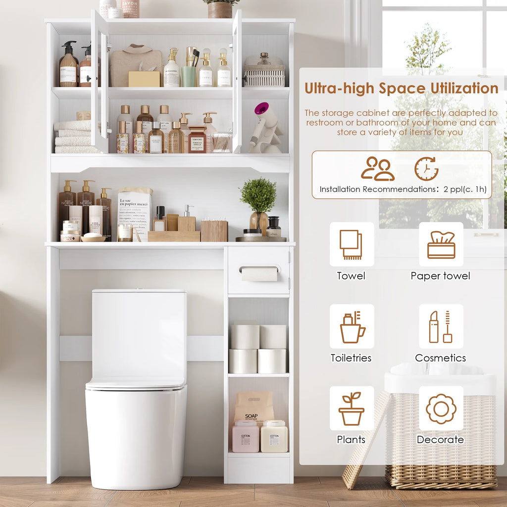Homfa Over The Toilet Storage Cabinet with Toilet Paper Holder Stand, Above Toilet Organizer with Glass Doors, Behind Toilet Shelf for Restroom, Bathroom, Laundry, White