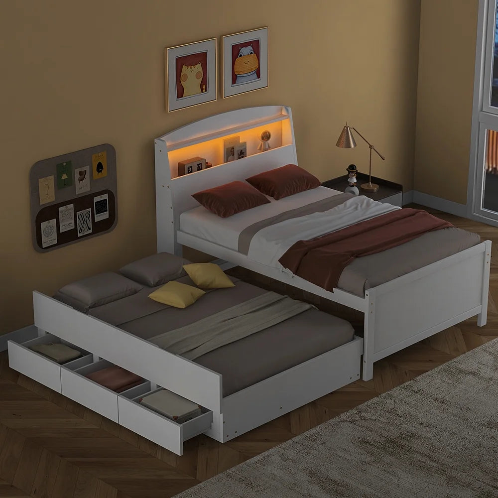 Euroco Wood Twin Size Platform Bed with Storage Headboard, Drawers Trundle and LED Light, White