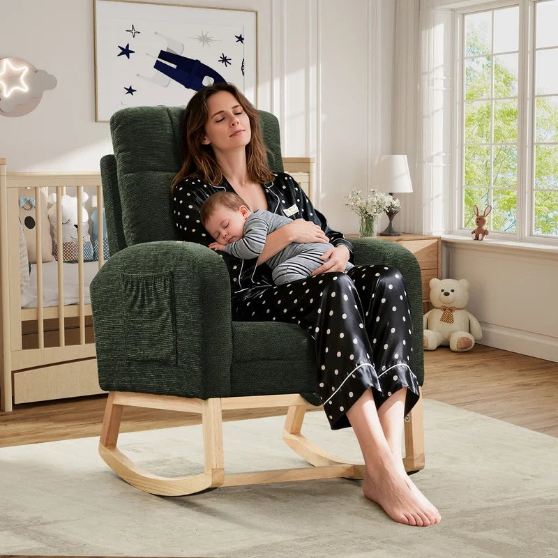 FFH Rocking Chair Nursery, Tufted Accent Rocker Chair, Upholstered Armchair with Adjustable Footrest, Side Pocket, High Backrest, Padded Seat, Polyester Blend (Retro, Dark Gray)